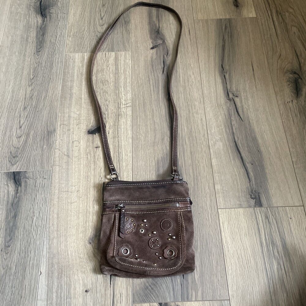 Fossil Crossbody Bag Brown Suede Leather Handbag Beaded Appliqué Flowers Read